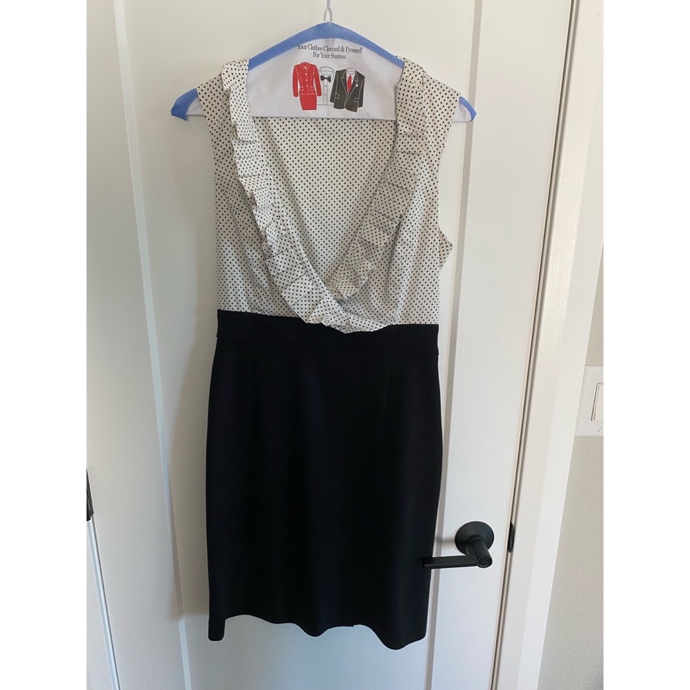 New York and Company Black and White Polka Dot Deep V Neck Dress